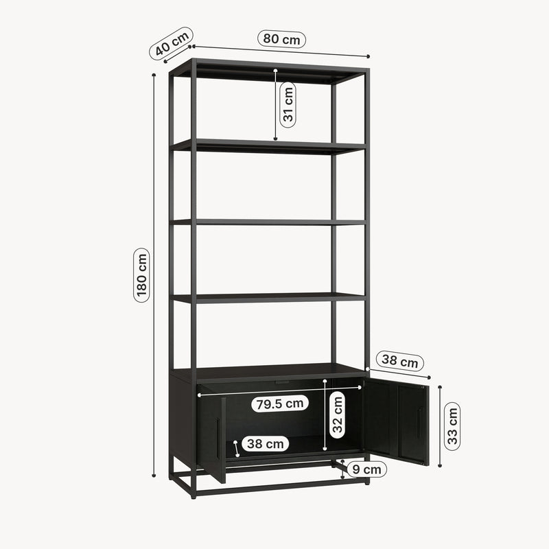 Schiță cotată Raft carti cu dulap Hailuoto 180x80x40 cm otel negru mat [en.casa] 