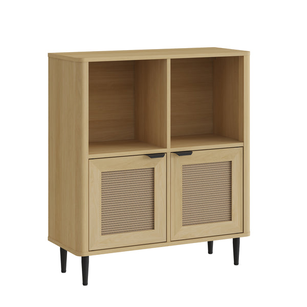 Comoda cu 2 usi si 2 rafturi Lukhomso 85x75x30 cm efect stejar/efect ratan/negru [en.casa]