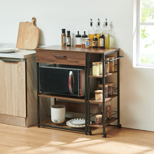 Sistem raft extensibil pe roti cu blat de lucru rotativ Kirhuskyna 130x40x85 cm negru/efect lemn nuc [en.casa]