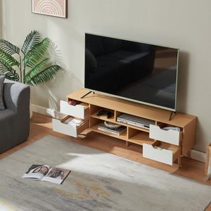 Comoda TV Bordkak 140x30x45 efect stejar/alb cu 4 sertare si 4 rafturi [en.casa]