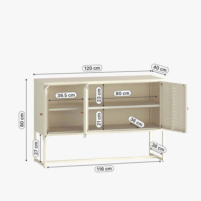 Schiță cotată Comoda cu 3 usi Viitasaari 120x40x80 cm otel crem deschis [en.casa] 