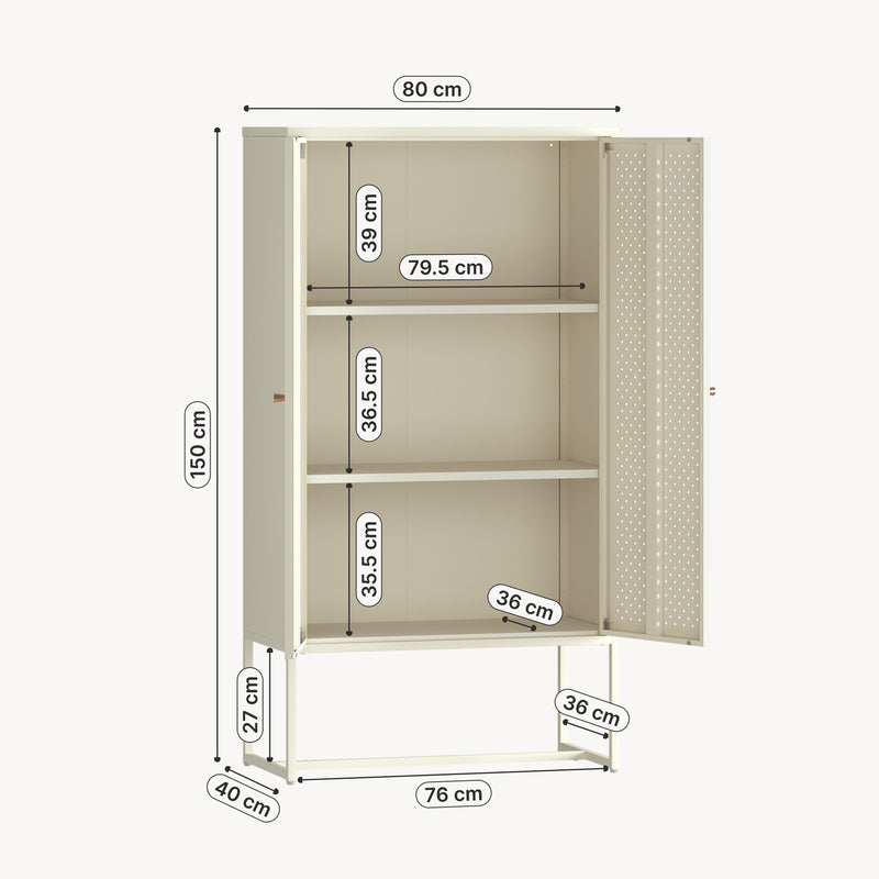 Schiță cotată Comoda inalta cu 2 usi Viitasaari 150x80x40 cm otel crem deschis [en.casa] 