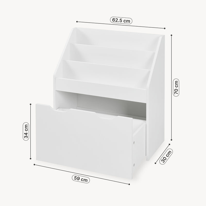 Schiță cotată Raft carti copii cu sertar si roti alb pentru camera copilului Sirlstalo 70x62x30 cm [en.casa]