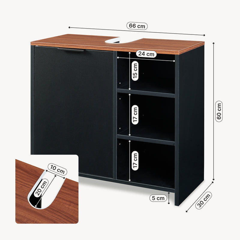 Schiță cotată Dulap sub chiuveta cu 1 usa si 3 rafturi Trond 60x66x30 cm negru/efect lemn nuc  [en.casa]