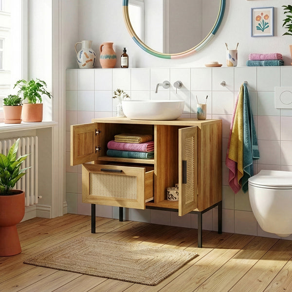 Dulap pentru chiuvetă Marhasa 60x60x40 cm aspect stejar/negru [en.casa]