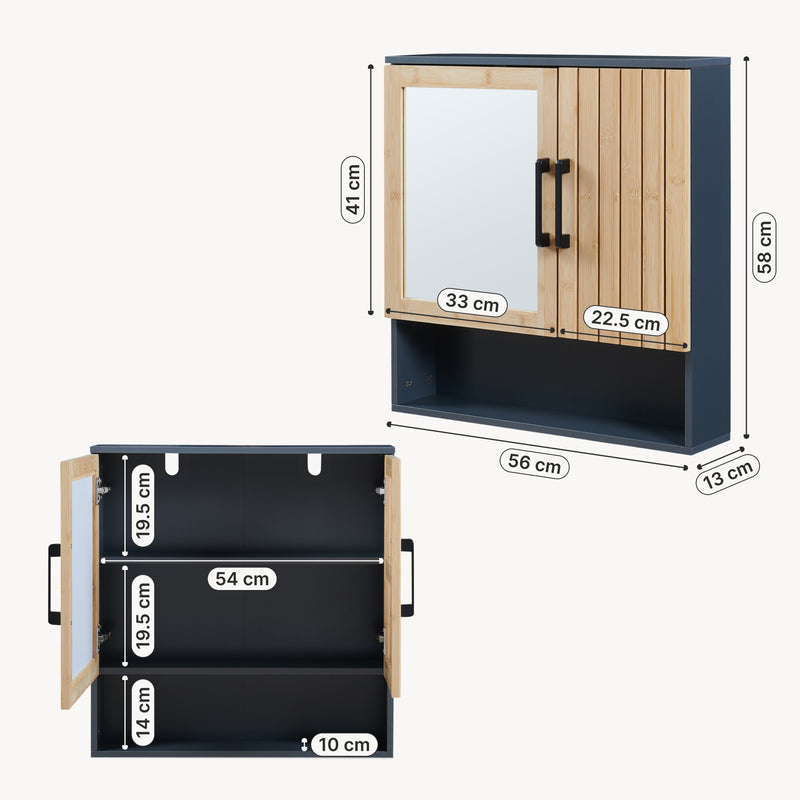 Schiță cotată Dulap perete baie cu oglinda front din bambus si raft Svanes 58x56x13 cm gri inchis/natur [en.casa] 