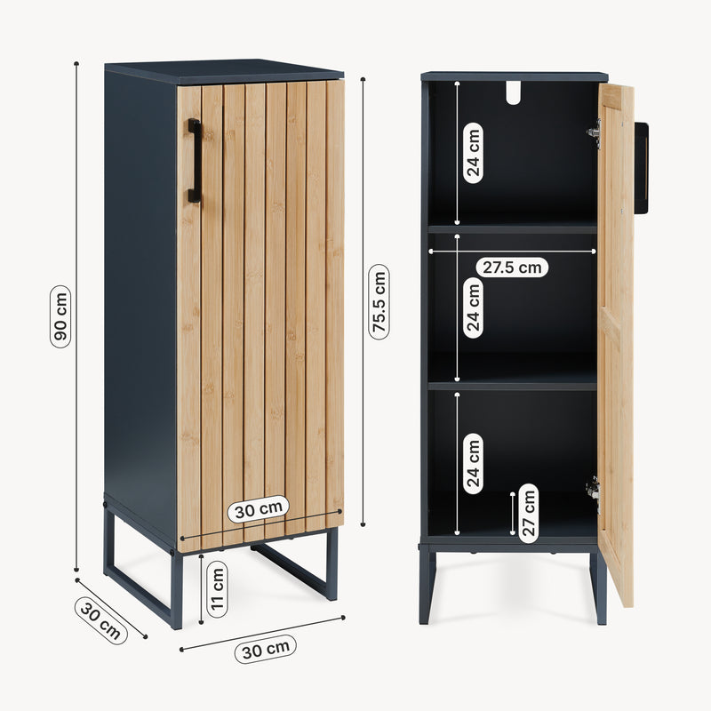 Schiță cotată Dulap midi baie cu front din bambus si 3 spatii interioare Svanes 90x30x30 cm gri inchis/natur [en.casa]