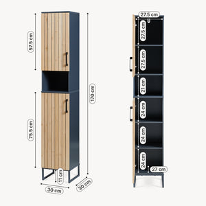 Dulap inalt baie cu front din bambus 2 usi si raft intermediar Svanes 170x30x30 cm gri inchis/natur [en.casa]