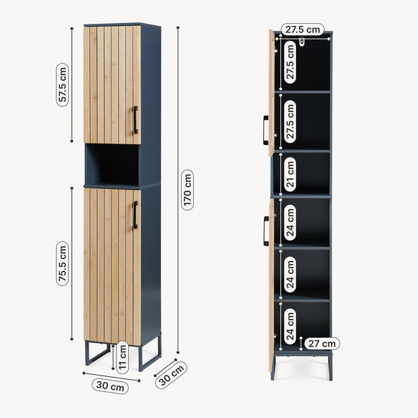 Dulap inalt baie cu front din bambus 2 usi si raft intermediar Svanes 170x30x30 cm gri inchis/natur [en.casa]