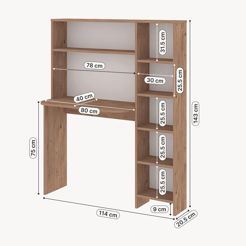 Schiță cotată Birou cu raft incorporat Onega 143x114x40 cm efect lemn [en.casa]