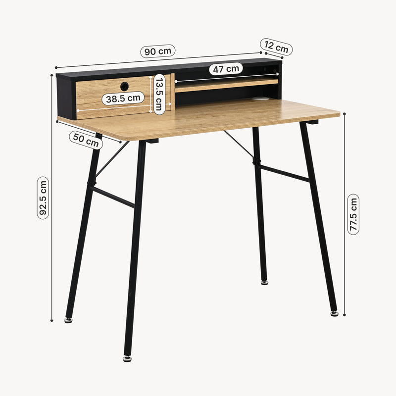 Schiță cotată Birou cu sertar Var 93x90x50 cm negru, efect stejar [en.casa] 