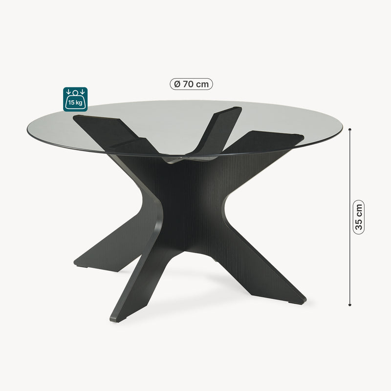 Schiță cotată Masă de cafea Imi cu blat de sticlă Ø70x35 cm Negru/Gri [en.casa]