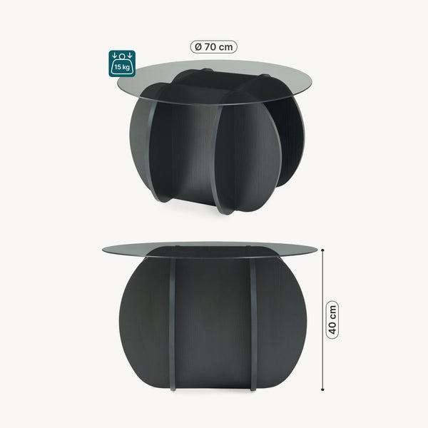 Masă de cafea Karhuvandi cu blat de sticlă Ø70x40 cm Negru/Gri [en.casa]