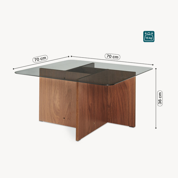 Masă de cafea Benexjö cu blat de sticlă 70x70x36 cm aspect nuc/gri [en.casa]