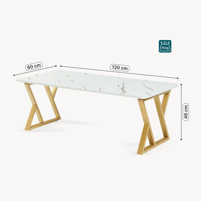 Schiță cotată Masă de cafea Nolu 120x60x46 cm, culoare aurie/efect marmură, alb [en.casa]
