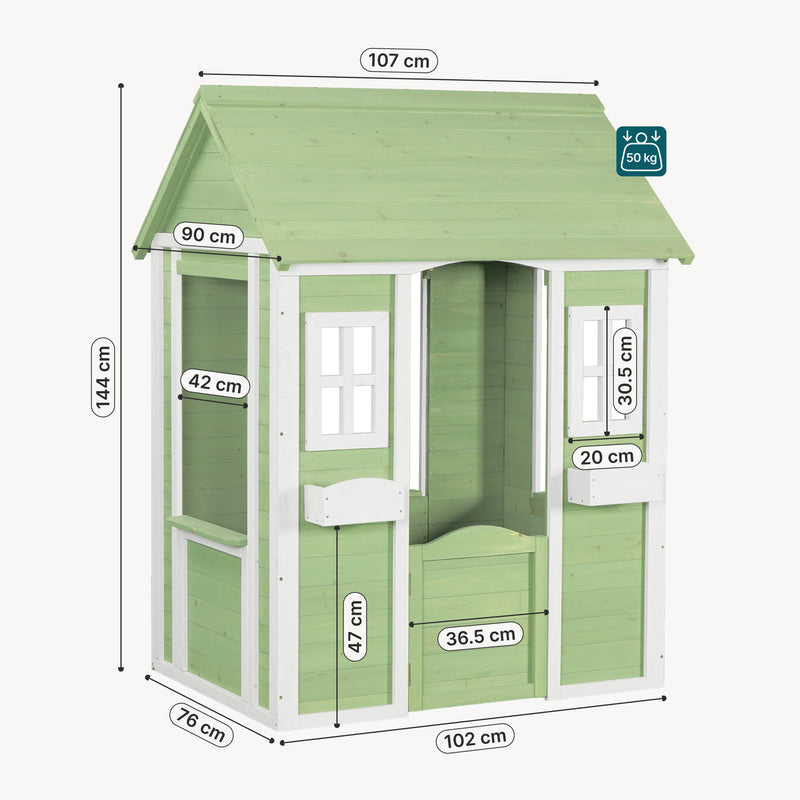 Schiță cotată Casuta gradina joaca copii cu ferestre si ghivece pentru flori Kuoldsvin 144x107x90 cm verde/alb [en.casa]