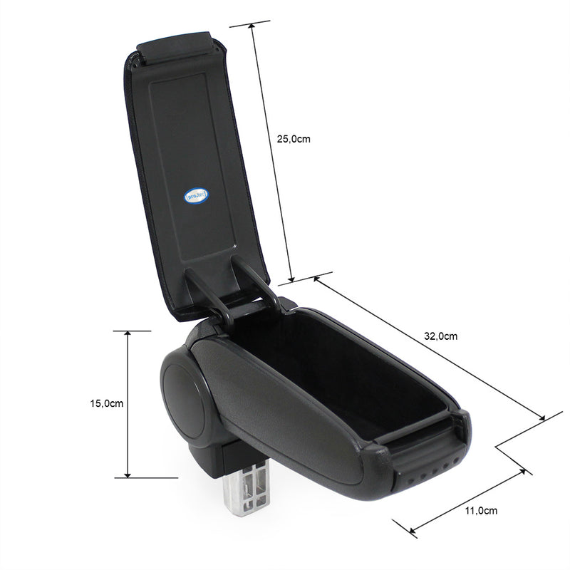 Schiță cotată [pro.tec] Marca specifica pentru cotiera auto Peugeot 206 / 206 CC - cotiera auto - cu compartiment pentru depozitare - tesatura - negru