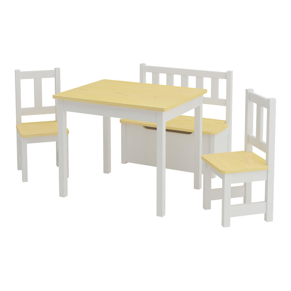 Masa cu 2 scaune si banca copii Lousame brad/MDF natur/alb [en.casa]