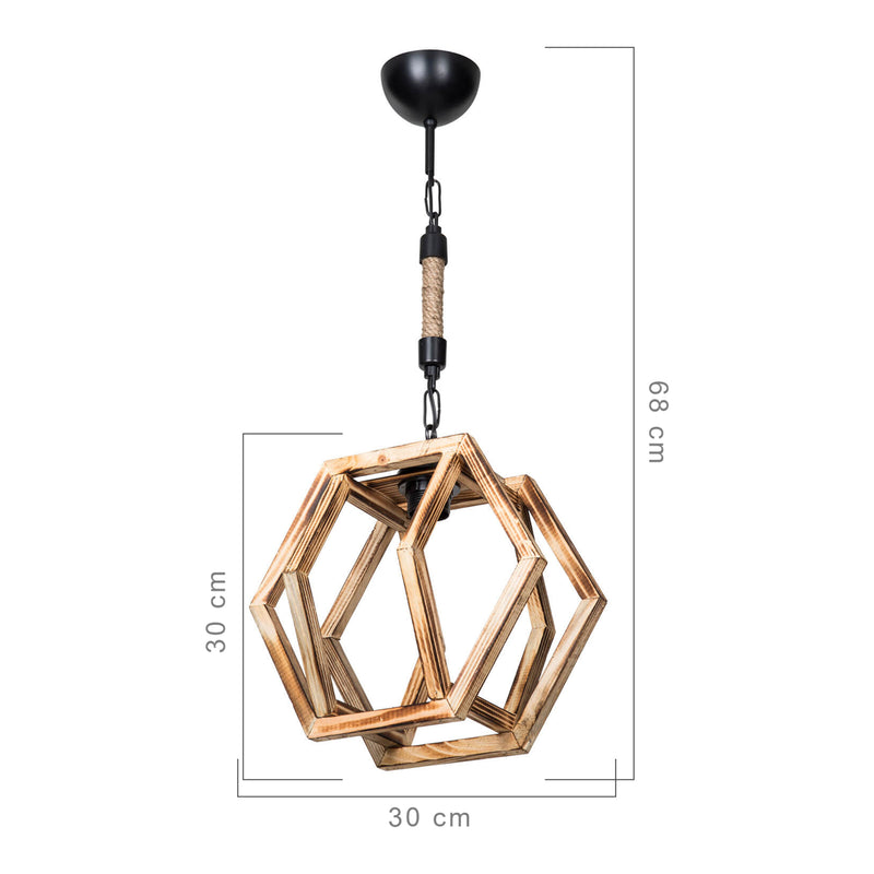 Schiță cotată Lustră suspendată Cheltenham E27 metal lemn masiv sfoară de iută negru / aspect lemn / culoare iută [lux.pro]