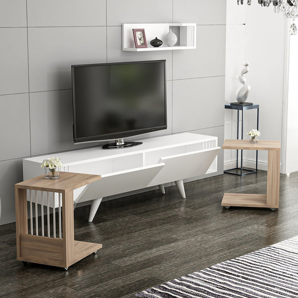 Set mobilier 4 componente suport TV cu raft si 2 mese laterale Glostrup alb stejar [en.casa]