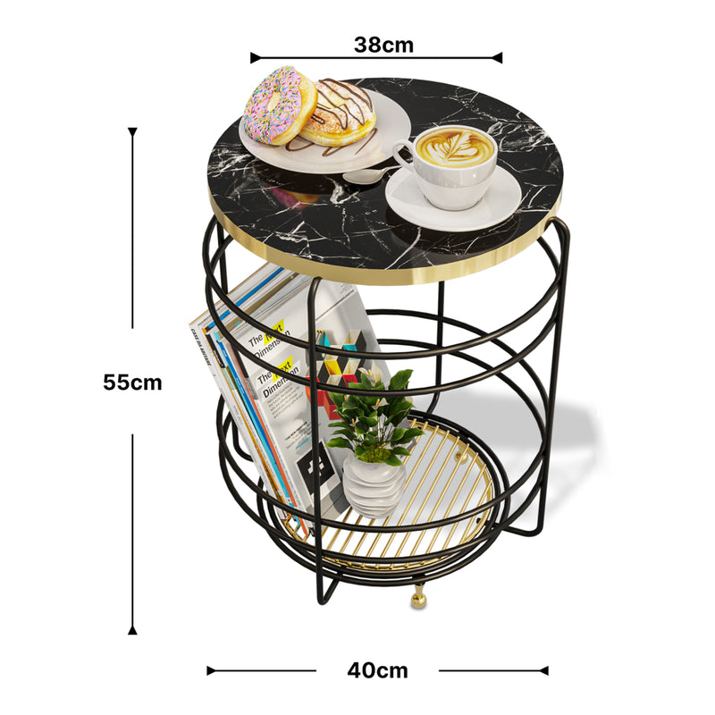 Schiță cotată Masuta living rotunda Padasjoki 55x40cm negru auriu negru efect marmura [en.casa]
