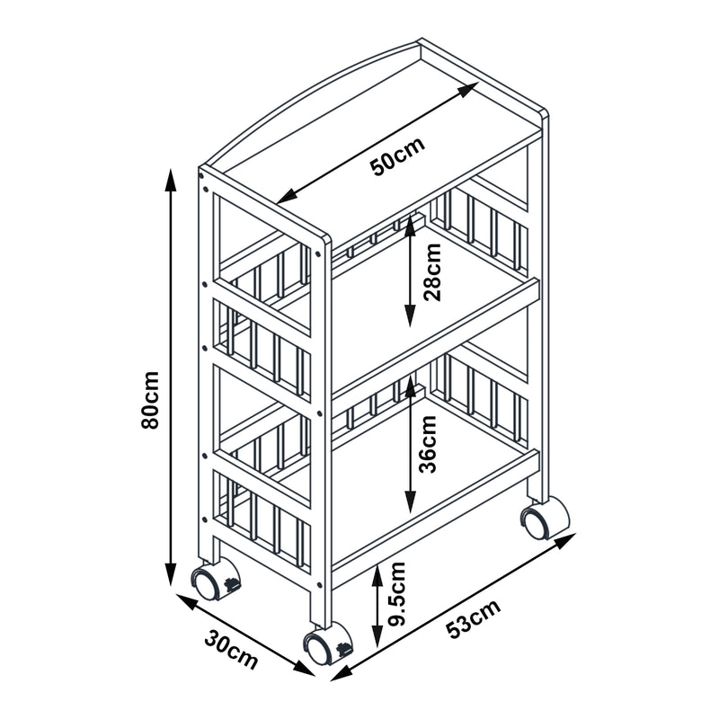 Schiță cotată Carucior servire cu 3 rafturi Huddinge 80x53x30cm bambus natur [en.casa]