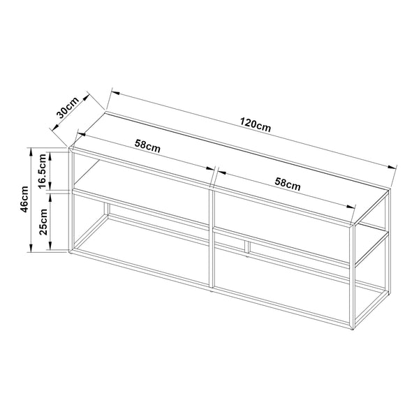Masa TV Solund 120x30x46 cm metal negru cu 2 rafturi [en.casa]