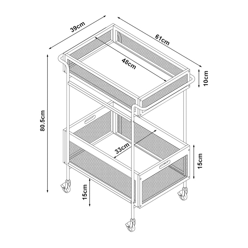 Schiță cotată Carucior servire la masa Tervola 80,5x61x39cm metal negru [en.casa]