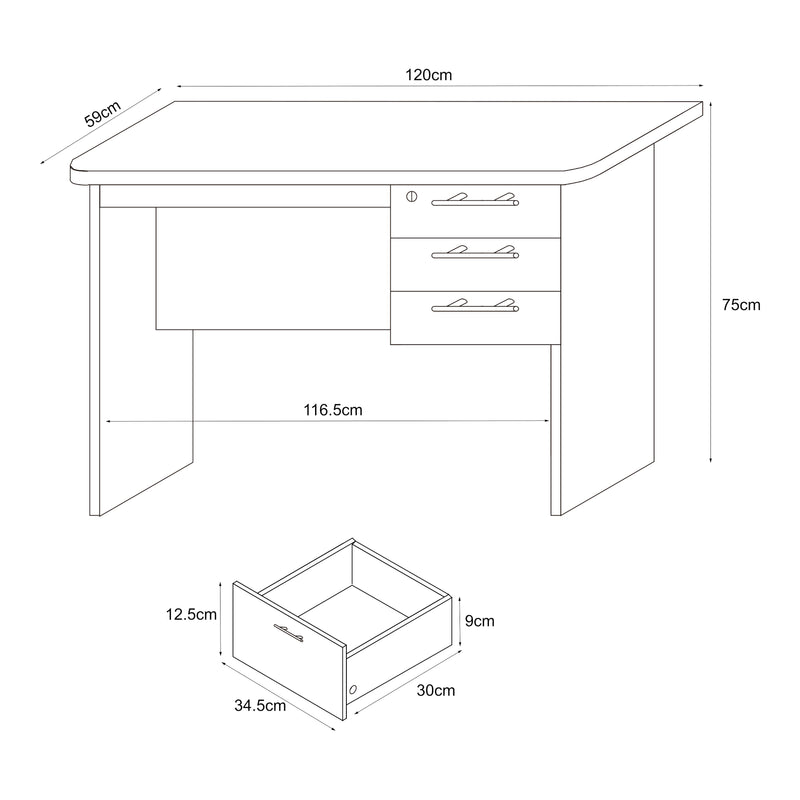 Schiță cotată Birou cu 3 sertare Ragunda 120x59x75cm PAL efect lemn nuanta inchisa [en.casa]