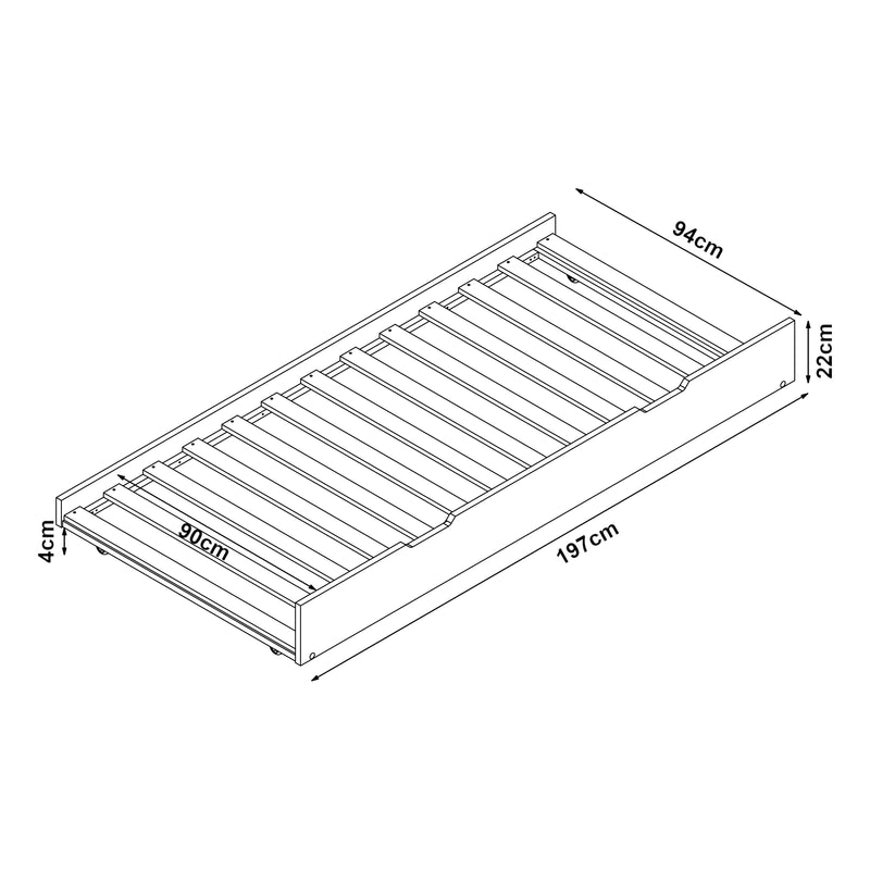 Schiță cotată Pat mobil pe roti Ydre 197x94x22cm 120kg brad alb [en.casa]
