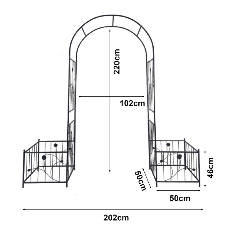 Schiță cotată Pergola pentru trandafiri cu jardiniere Barisciano 220x202x50cm otel negru [casa.pro]