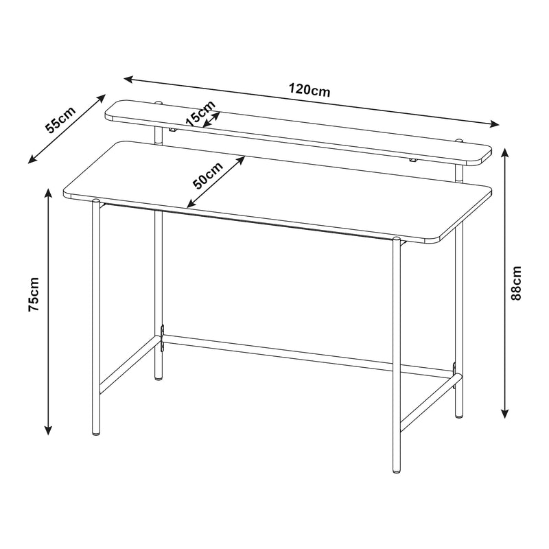 Schiță cotată Birou cu raft superior Samnanger 120x55x88cm otel PAL negru [en.casa]