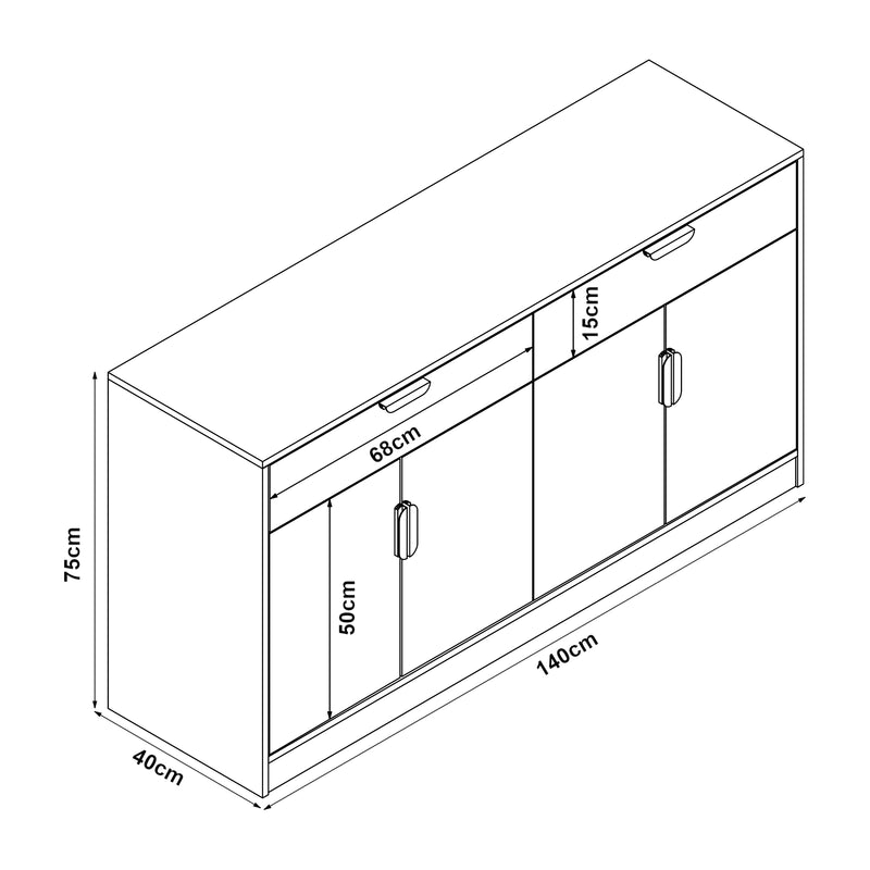 Schiță cotată Comoda cu 4 usi si 2 sertare Varkaus 75x140x40cm stejar [en.casa]