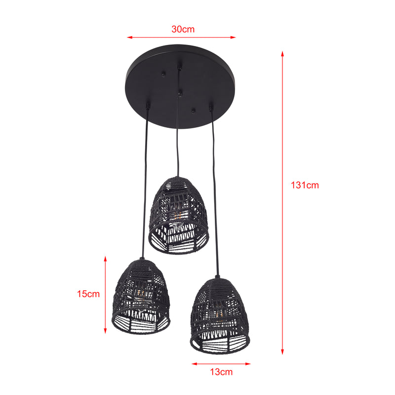 Schiță cotată Lampa de plafon Andover 131cm 3 x E14 40W metal ratan negru [lux.pro]