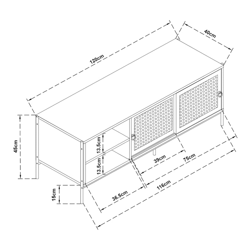 Schiță cotată Comoda TV Tysnes 120x40x45cm culoare stejar/negru [en.casa]