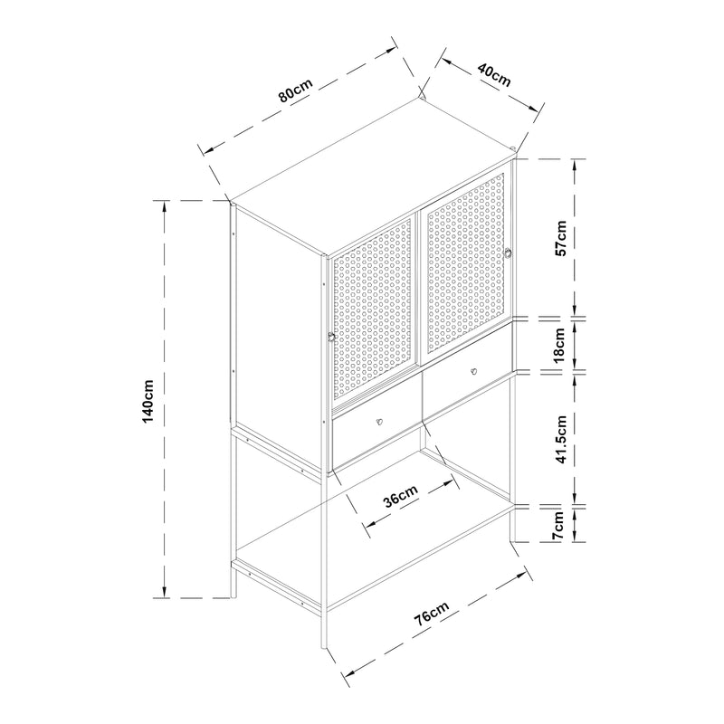 Schiță cotată Dulap cu 2 usi glisante 2 sertare si 1 raft Tysnes 140x80x40cm PAL stejar/negru [en.casa]