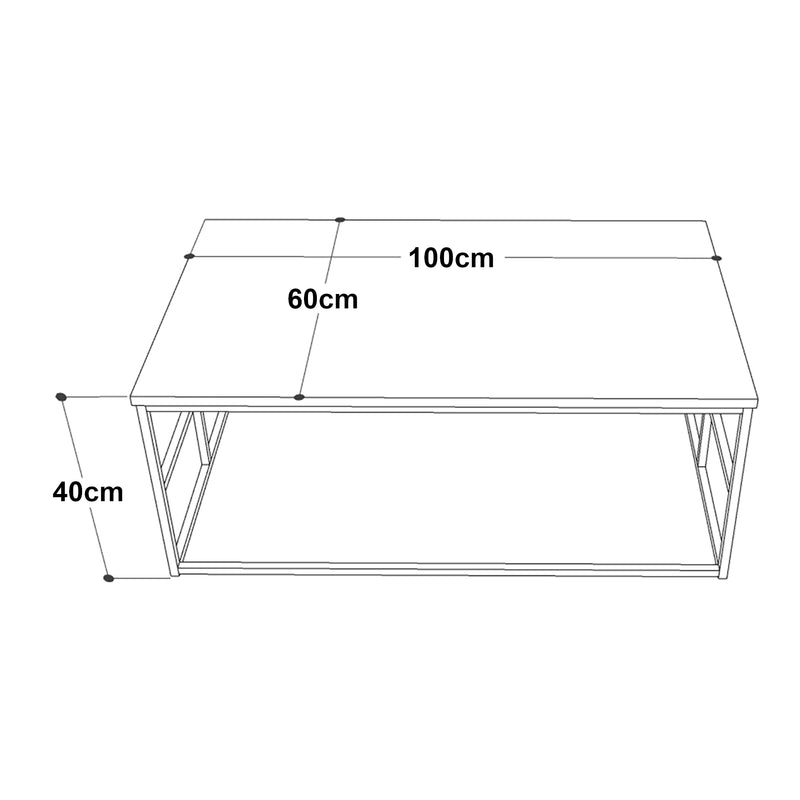 Schiță cotată Masuta cafea cu cadru metalic Velendi 100x60x40cm stejar negru [en.casa]