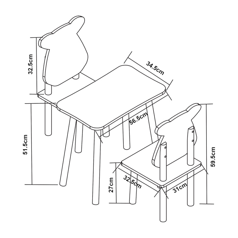 Schiță cotată Set masa copii cu 2 scaune design ursulet Panjang alb [en.casa]
