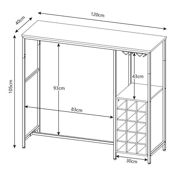 Masa bar cu suport 15 sticle vin Trøndelag 120x40x105cm otel PAL negru/nuc [en.casa]