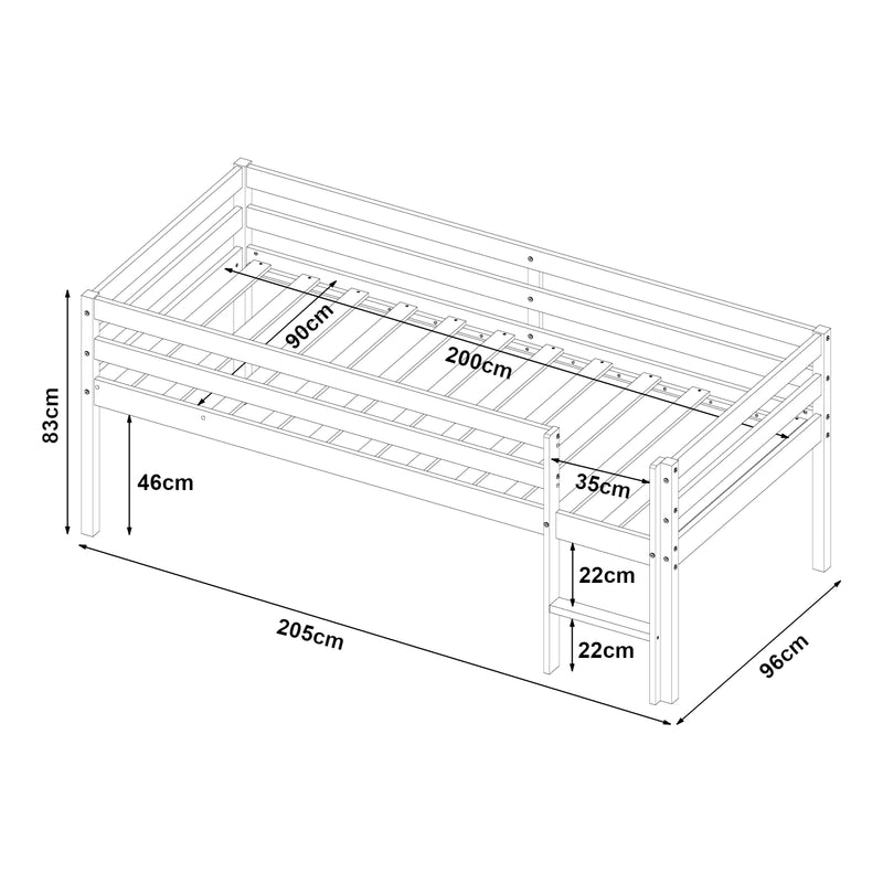 Schiță cotată Pat cu saltea si scara copii Siikalatva 90x200cm 120 kg brad pal alb [en.casa]