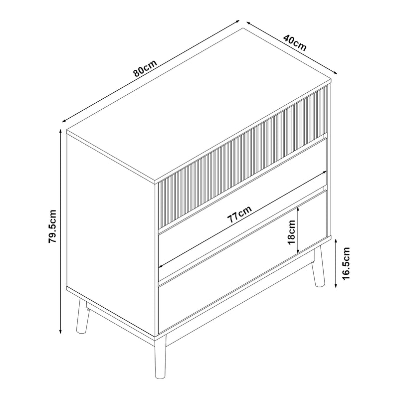 Schiță cotată Comoda cu 3 sertare Landskrona 79,5x80x40 cm efect lemn stejar [en.casa]