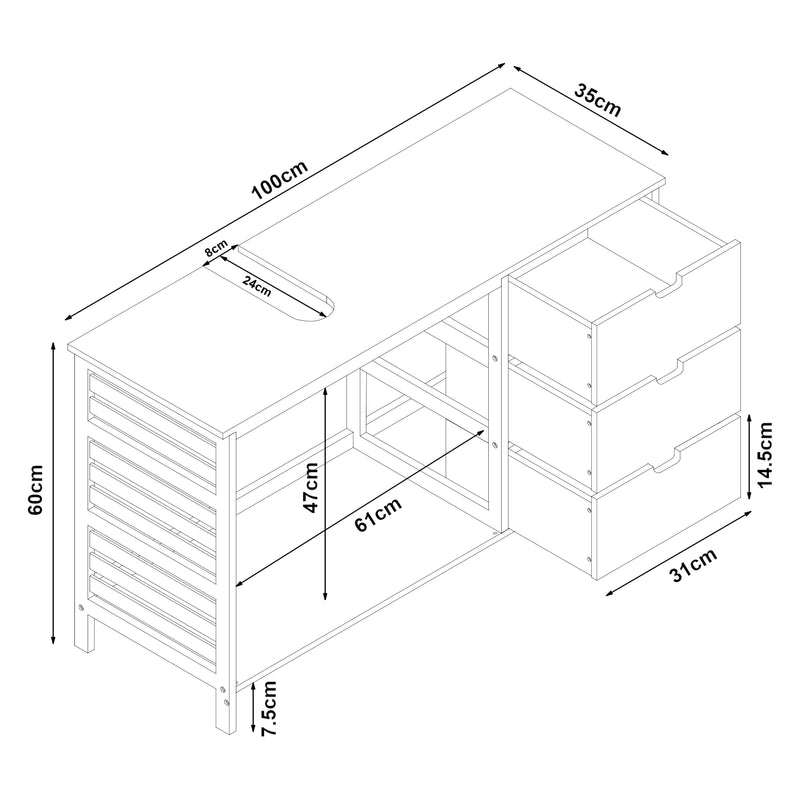 Schiță cotată Dulap sub chiuveta Boksereys 60x100x35 cm bambus [en.casa]