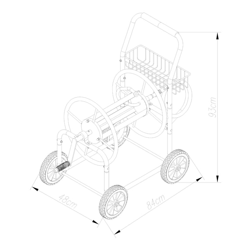 Schiță cotată Carucior pentru furtun gradina cu furtun de conectare 1,5m Gelibolu 84x48x93 cm gri [pro.tec]