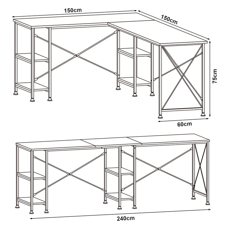 Schiță cotată Birou de colt Klirurud 150x150x75 negru/efect lemn stejar [en.casa]