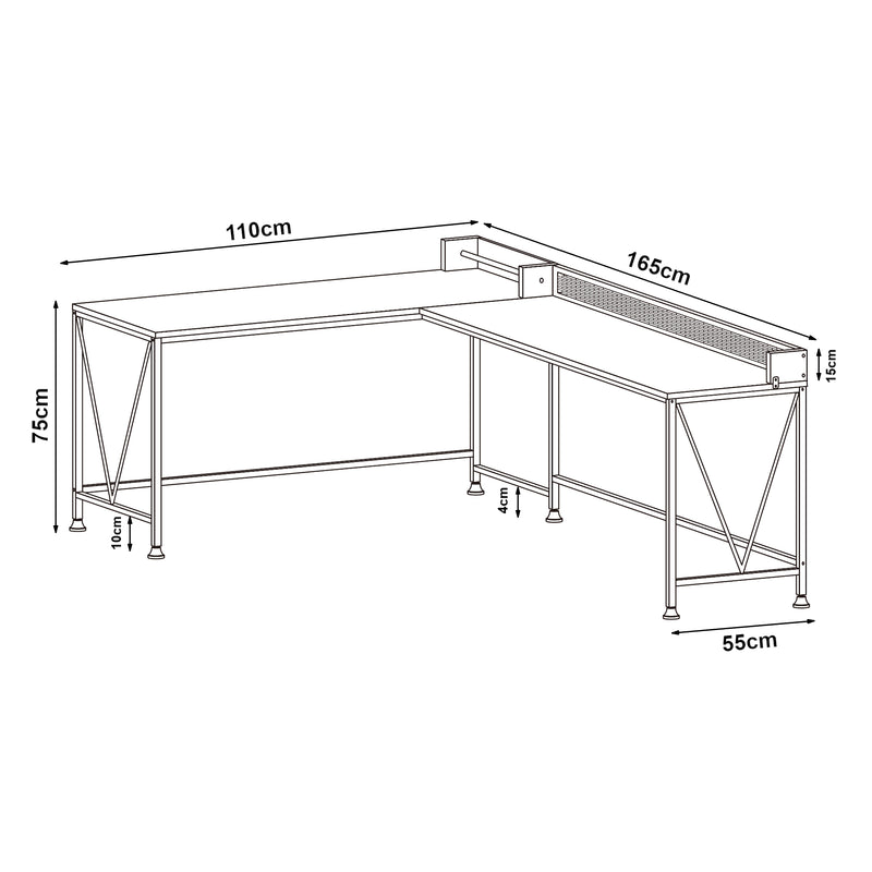 Schiță cotată Birou de colt Frelvepirg 165x110x90 cm negru/efect lemn nuc [en.casa]