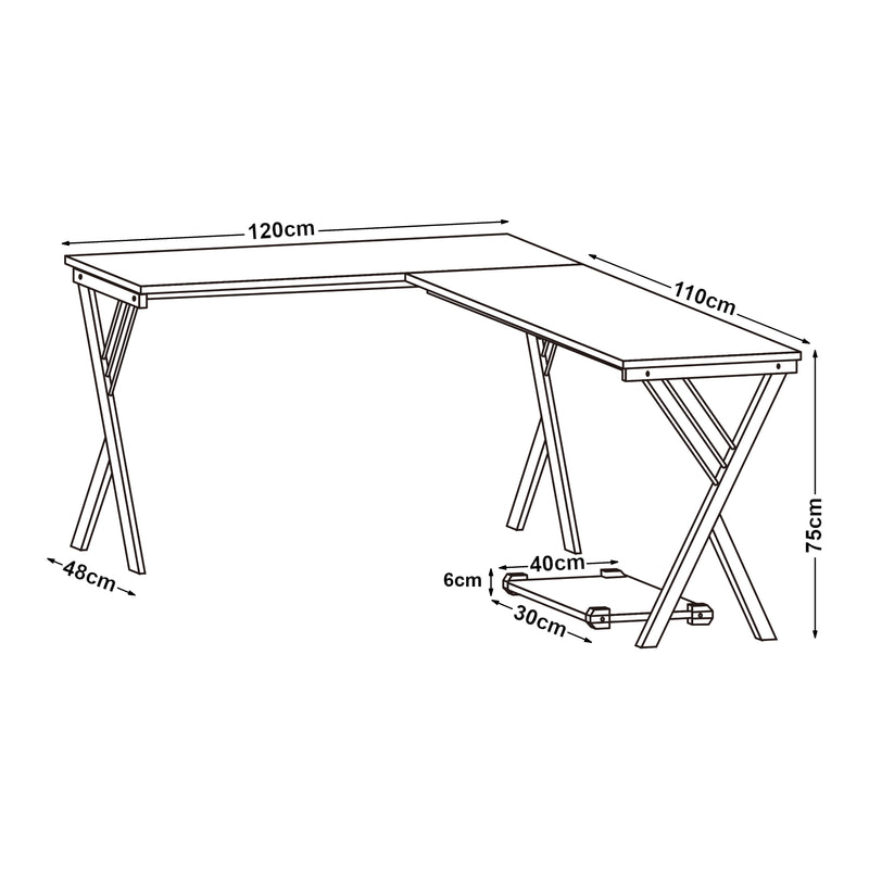 Schiță cotată Birou cu suport PC Tarielarg 158x120x75 cm alb/efect lemn stejar [en.casa]