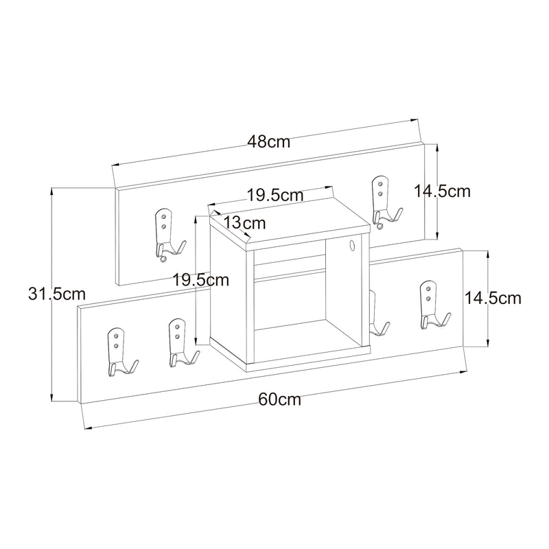 Schiță cotată Cuier de perete cu spatiu depozitare Vänd 32x60x14 cm alb [en.casa]