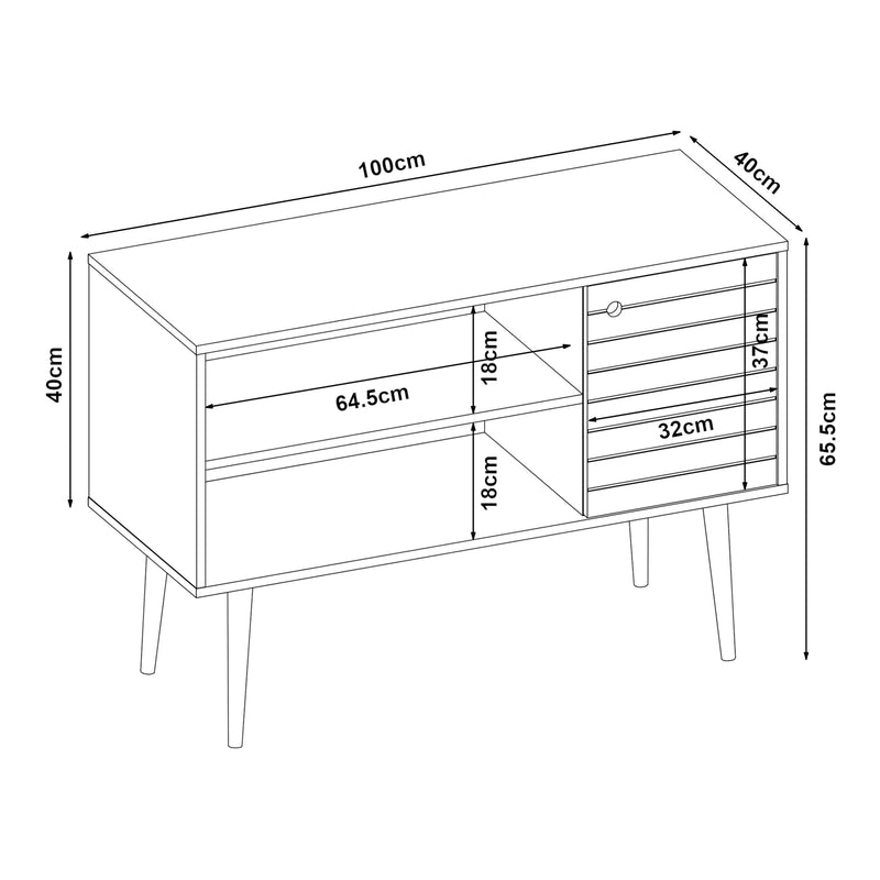 Schiță cotată Comoda TV Vare 100x40x65 cm alb/galben/efect nuc [en.casa]