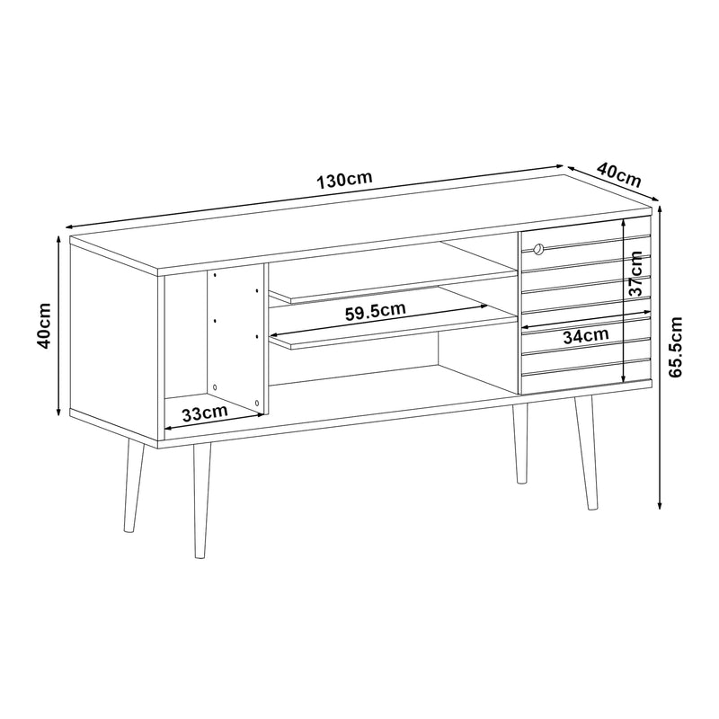 Schiță cotată Comoda TV Vare 130x40x65 cm alb/efect nuc [en.casa]