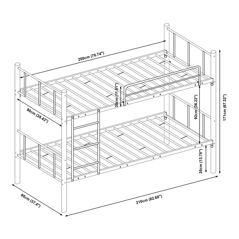 Schiță cotată Pat supraetajat Berimma 200x90 cm 300 kg otel negru [en.casa]